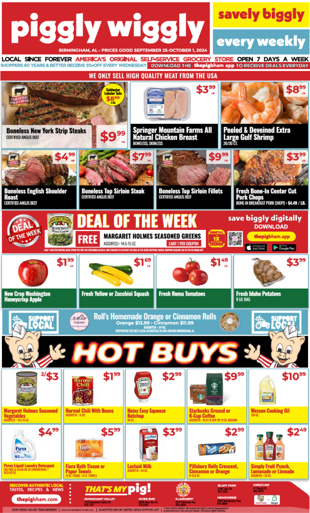 Piggly Wiggly weekly ad for September 25 to October 1, 2024, featuring deals on meats, produce, and groceries, including boneless NY strip steaks, Springer Mountain Farms chicken, peeled Gulf shrimp, and hot buys like Starbucks coffee and Heinz ketchup.
